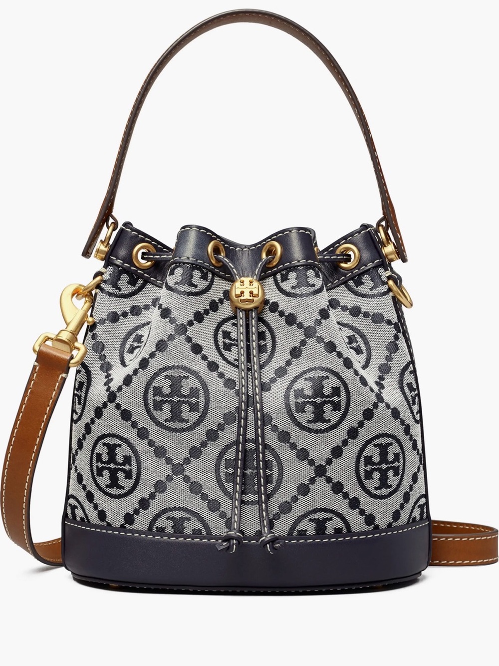 Tory Burch Navy and Tan Monogram Bucket Crossbody